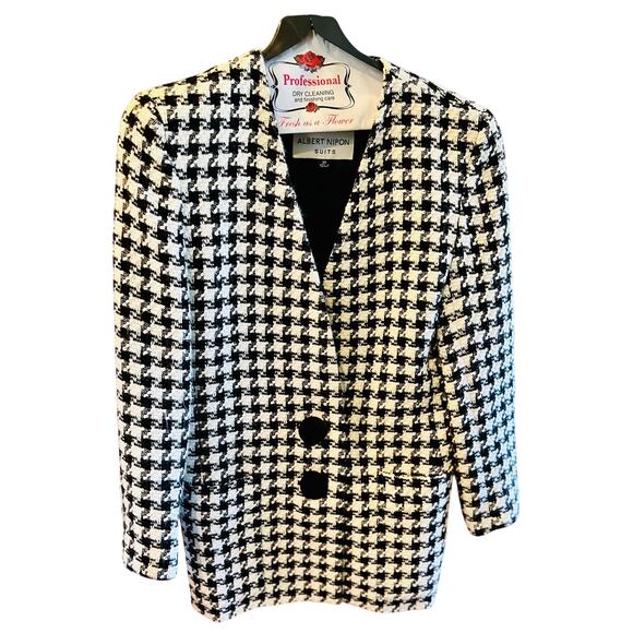 Vintage Albert Nipon Houndstooth Checkered Wool Blazer Jacket – Size 10 - Picture 1 of 5